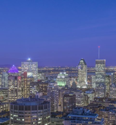 Montreal city skyline lit up at night