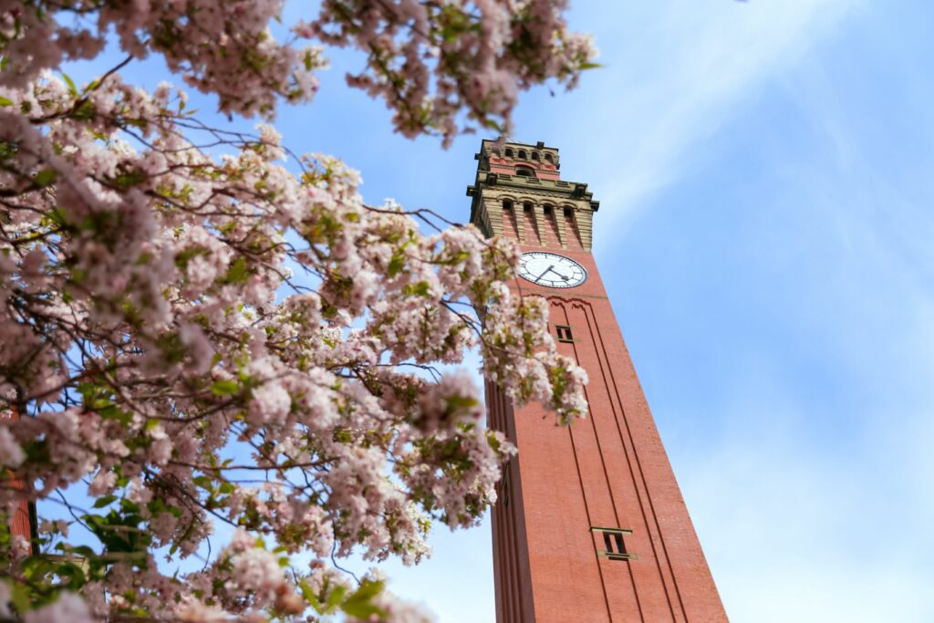 Poniżej widok wieży zegarowej upamiętniającej Josepha Chamberlaina na Uniwersytecie w Birmingham